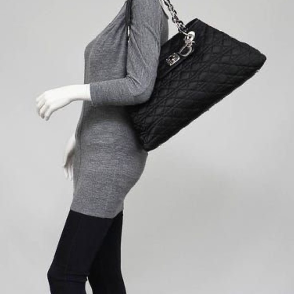 Authentic CHRISTIAN DIOR Cannage Quilted Satin Charming Lock Tote Bag Black - Picture 3 of 13